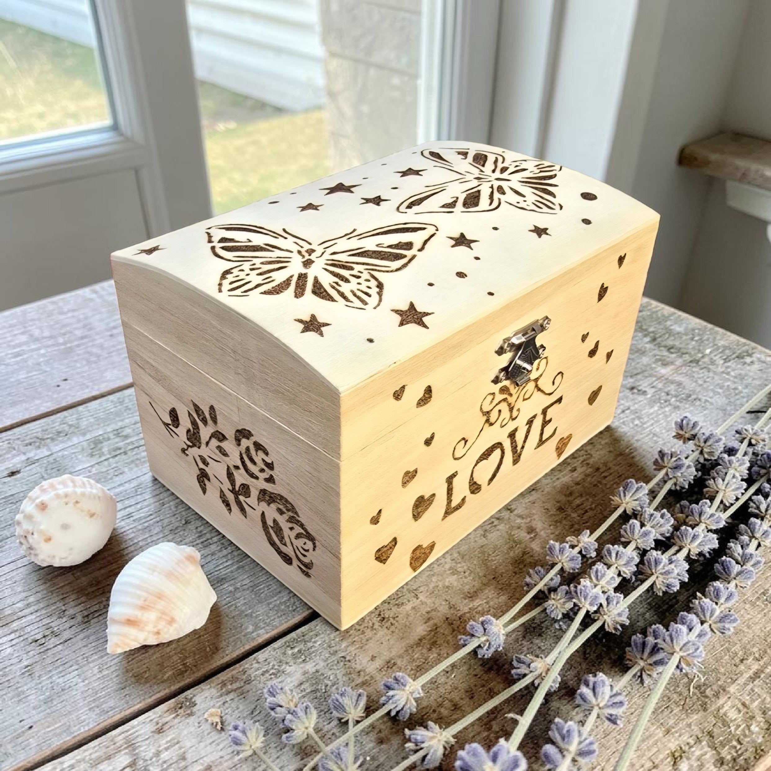 Handmade Wooden Jewellery Box - Butterfly Pyrography Keepsake Box - Love Gift Trinket Storage