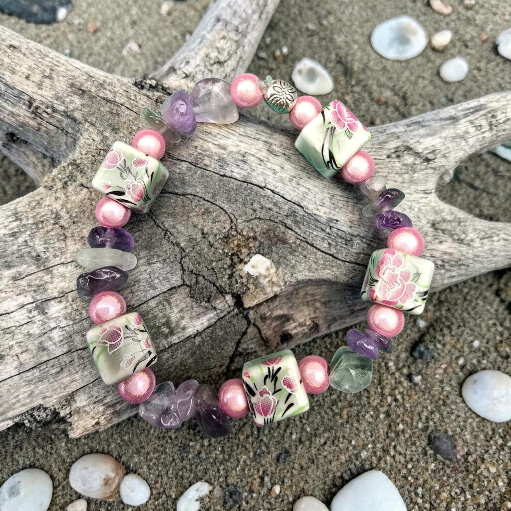 Floral Amethyst Bracelet | Pink Pearl & Ceramic Beads | Handmade
