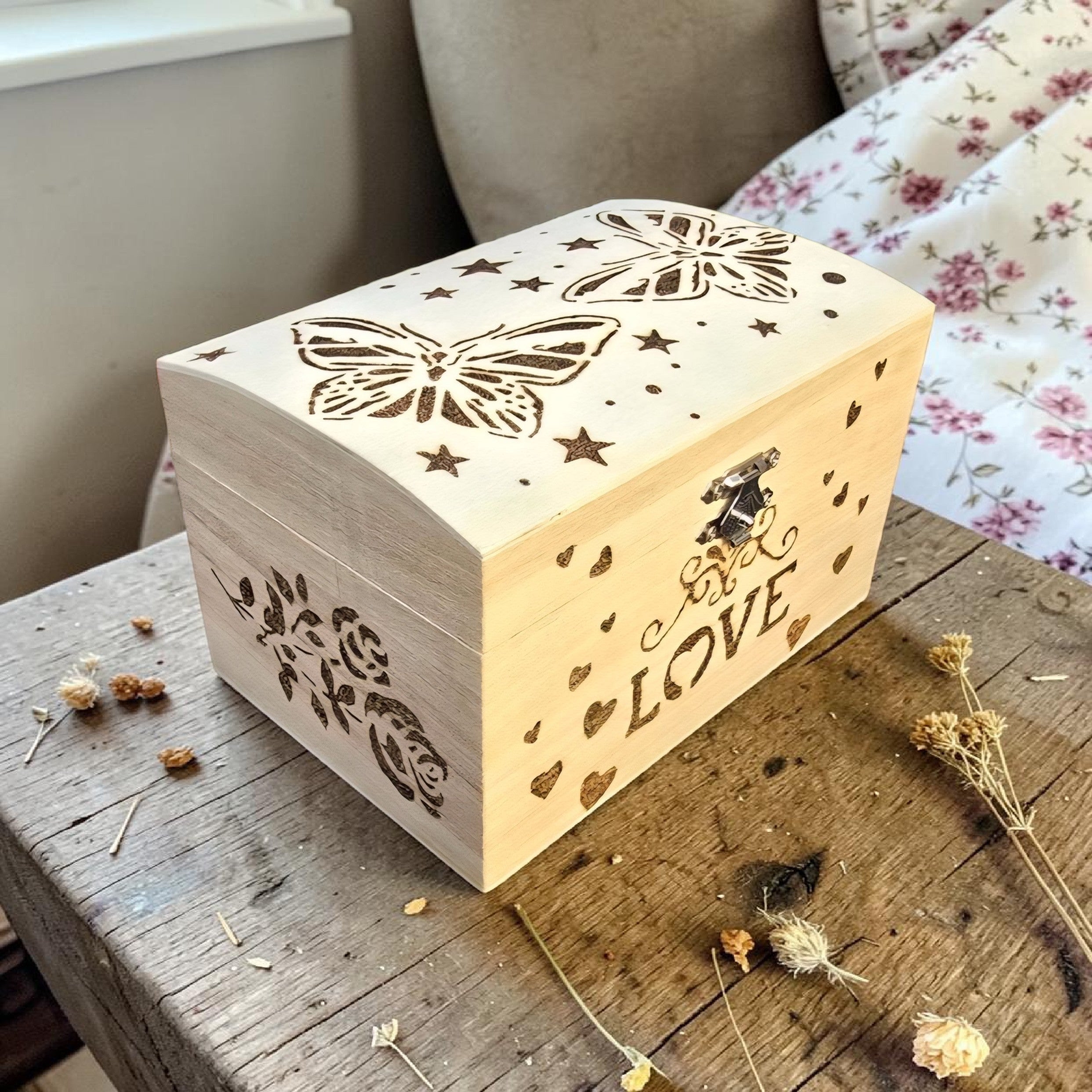 Handmade Wooden Jewellery Box - Butterfly Pyrography Keepsake Box - Love Gift Trinket Storage
