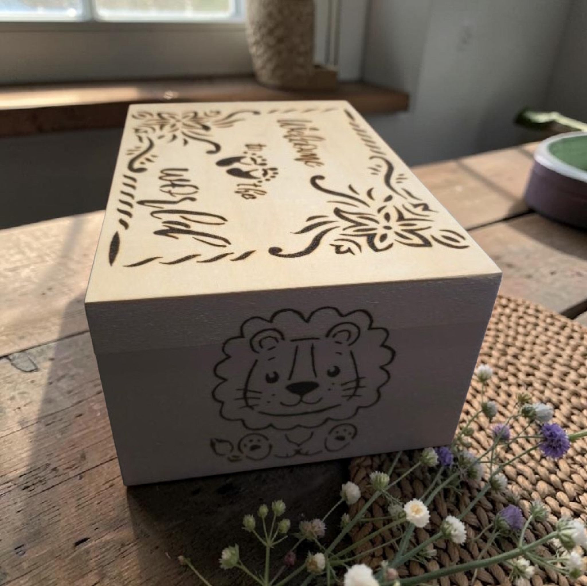 Personalised Baby Keepsake Box - New Baby Memory Box - Handmade Wooden Gift - Safari Animal Nursery Gift