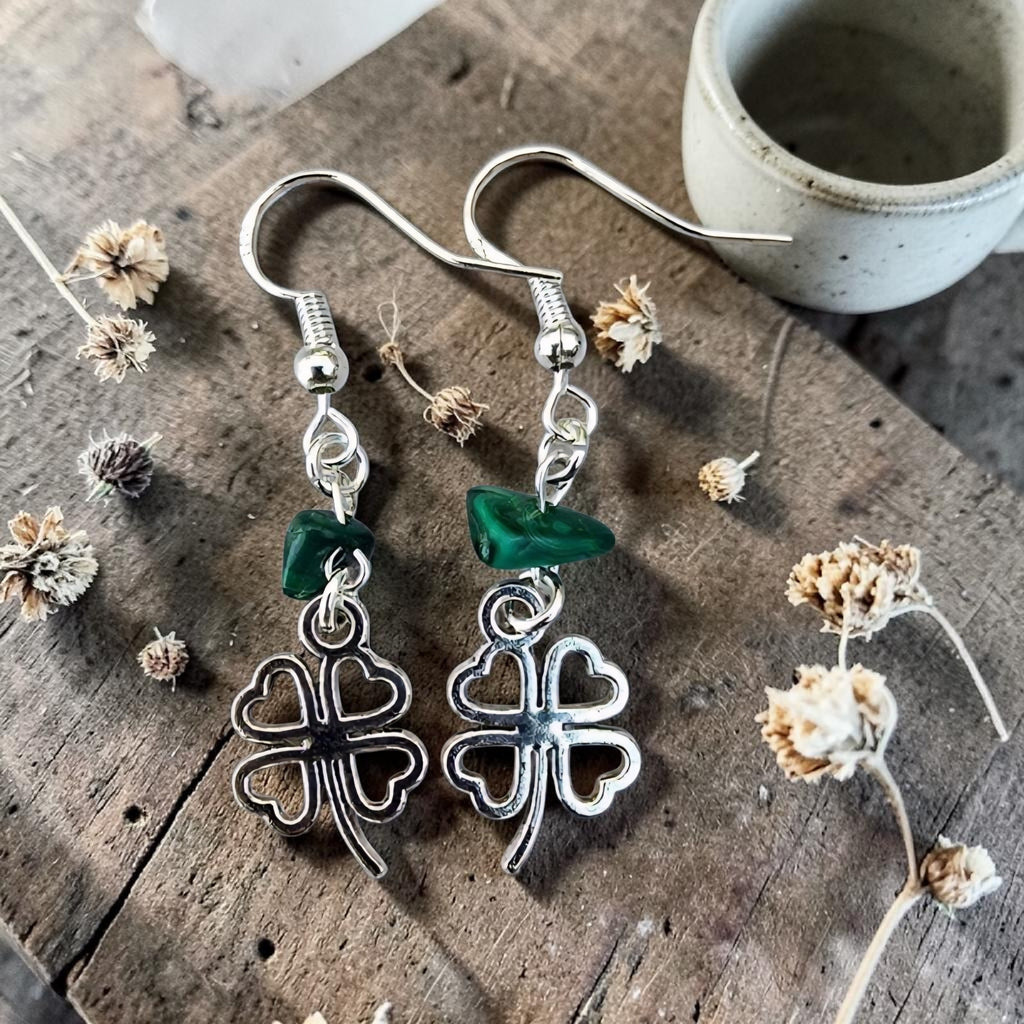 Malachite Clover Earrings - Lucky Four Leaf Clover Earrings - Crystal Earrings - Protection Jewellery - Spiritual Gift - Handmade Earrings
