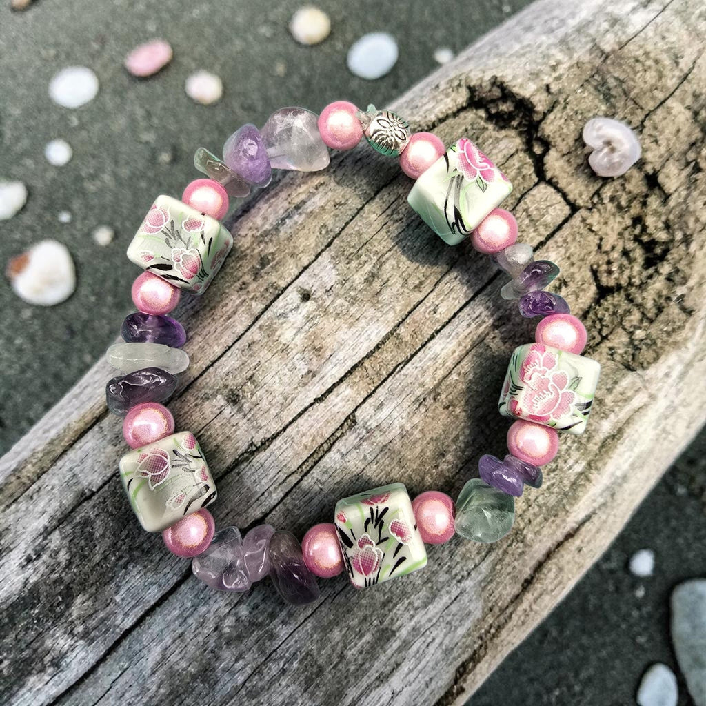 Floral Amethyst Bracelet | Pink Pearl & Ceramic Beads | Handmade