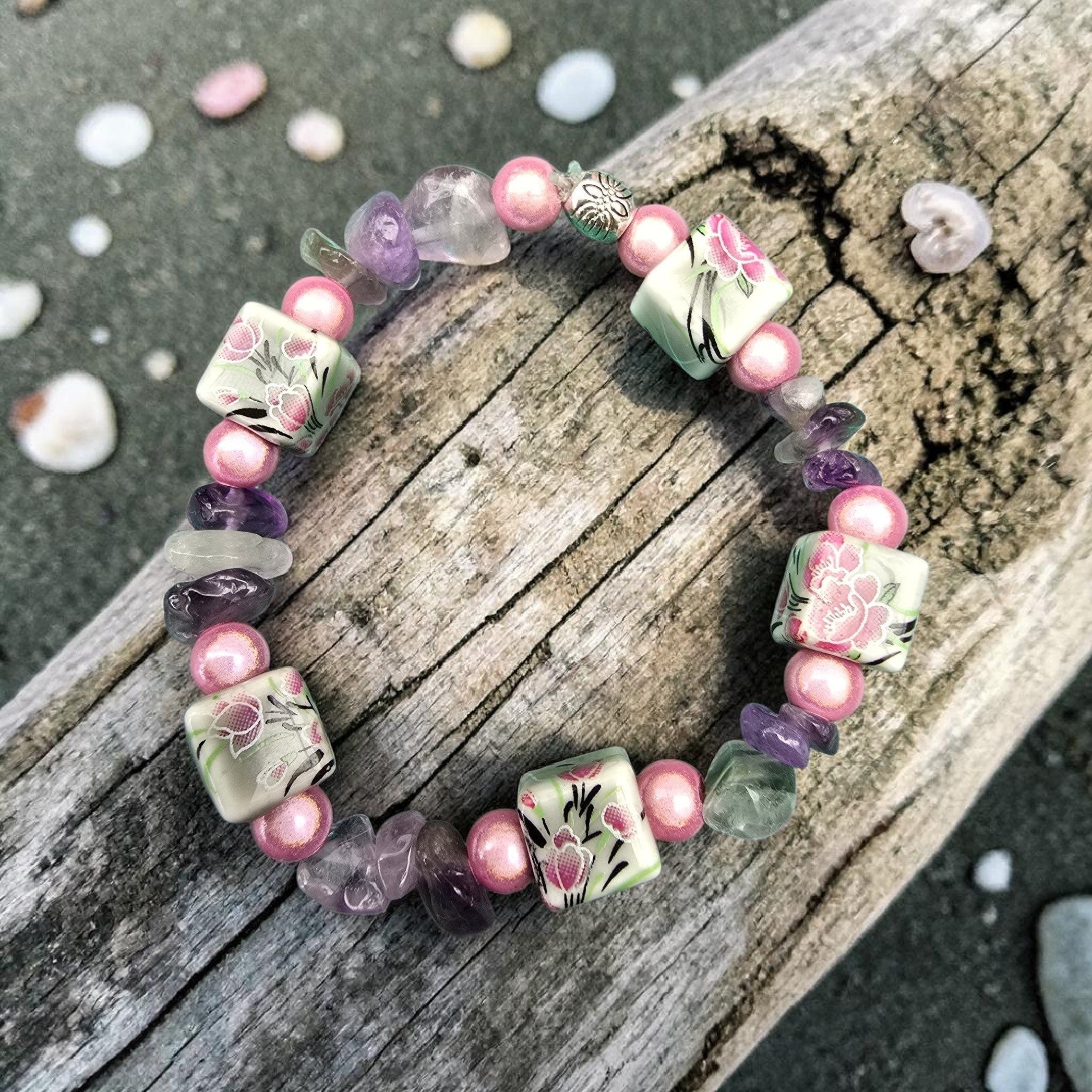 Floral Amethyst Bracelet | Pink Pearl & Ceramic Beads | Handmade