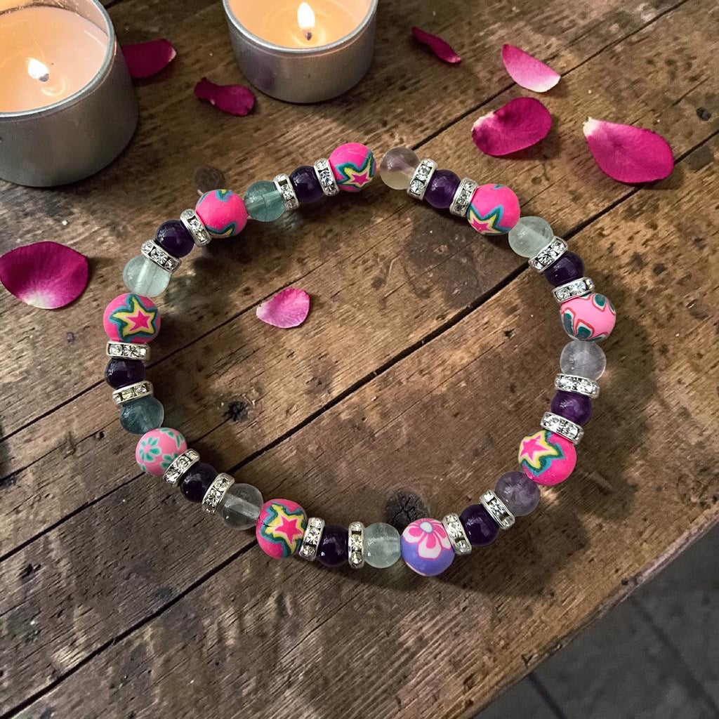 Calm & Joy Crystal Bracelet, Amethyst, Fluorite & Statement Beads
