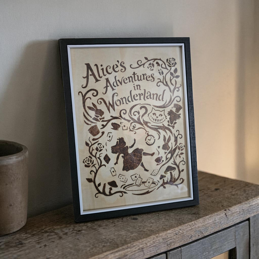 Alice in Wonderland Pyrography Wall Art | Hand-Burned Wooden Plaque | Framed Storybook Decor