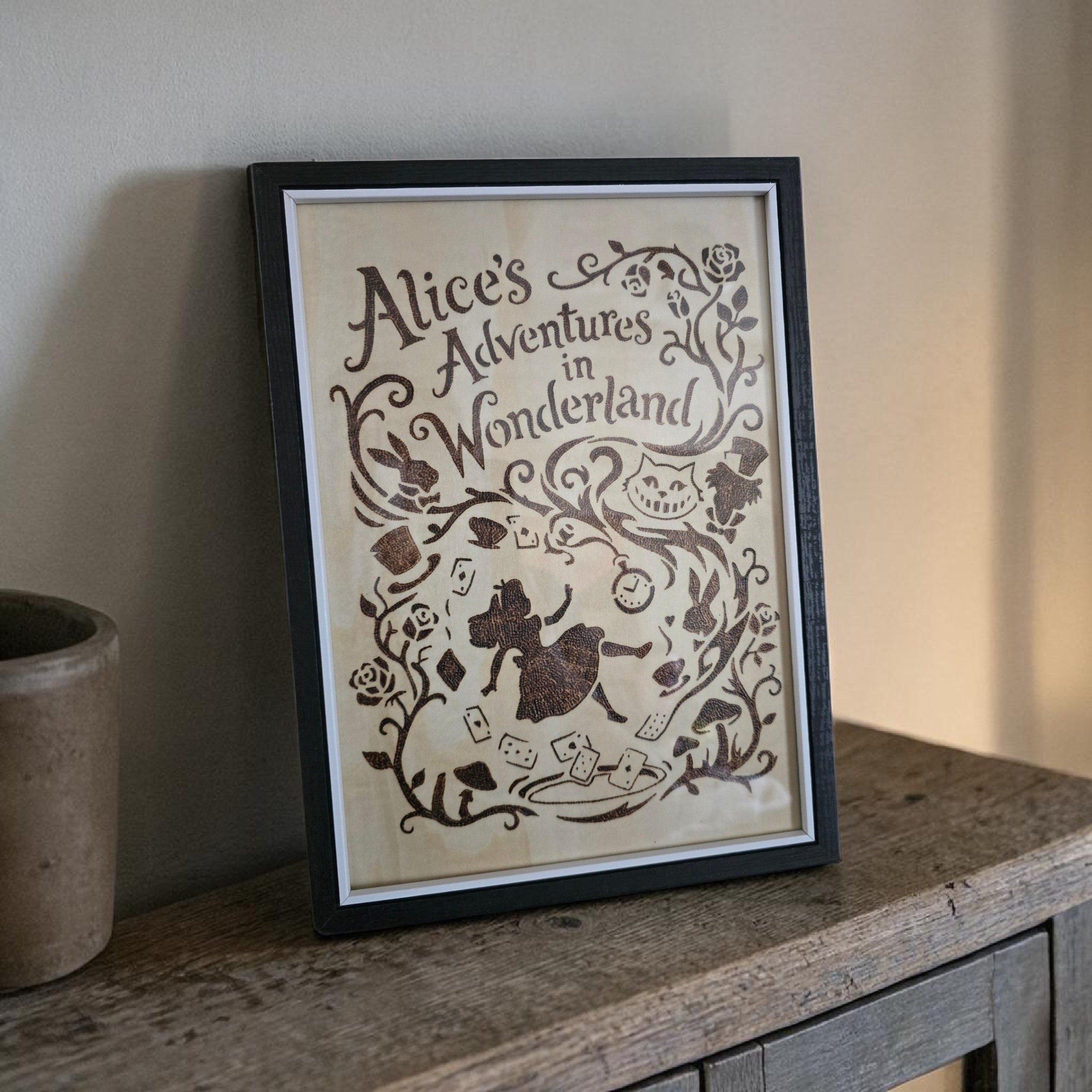 Alice in Wonderland Pyrography Wall Art | Hand-Burned Wooden Plaque | Framed Storybook Decor