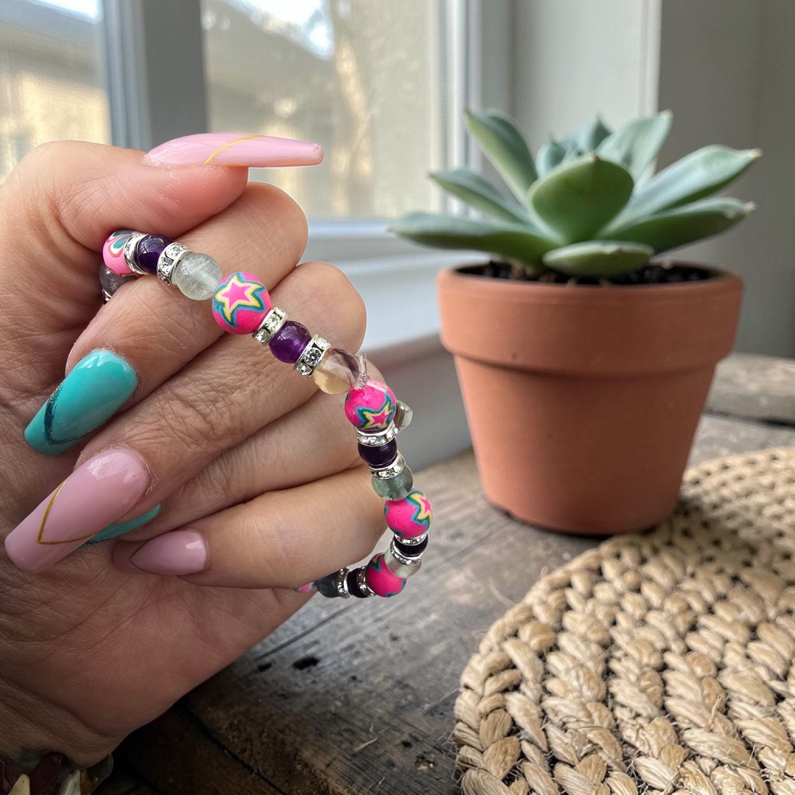 Calm & Joy Crystal Bracelet, Amethyst, Fluorite & Statement Beads