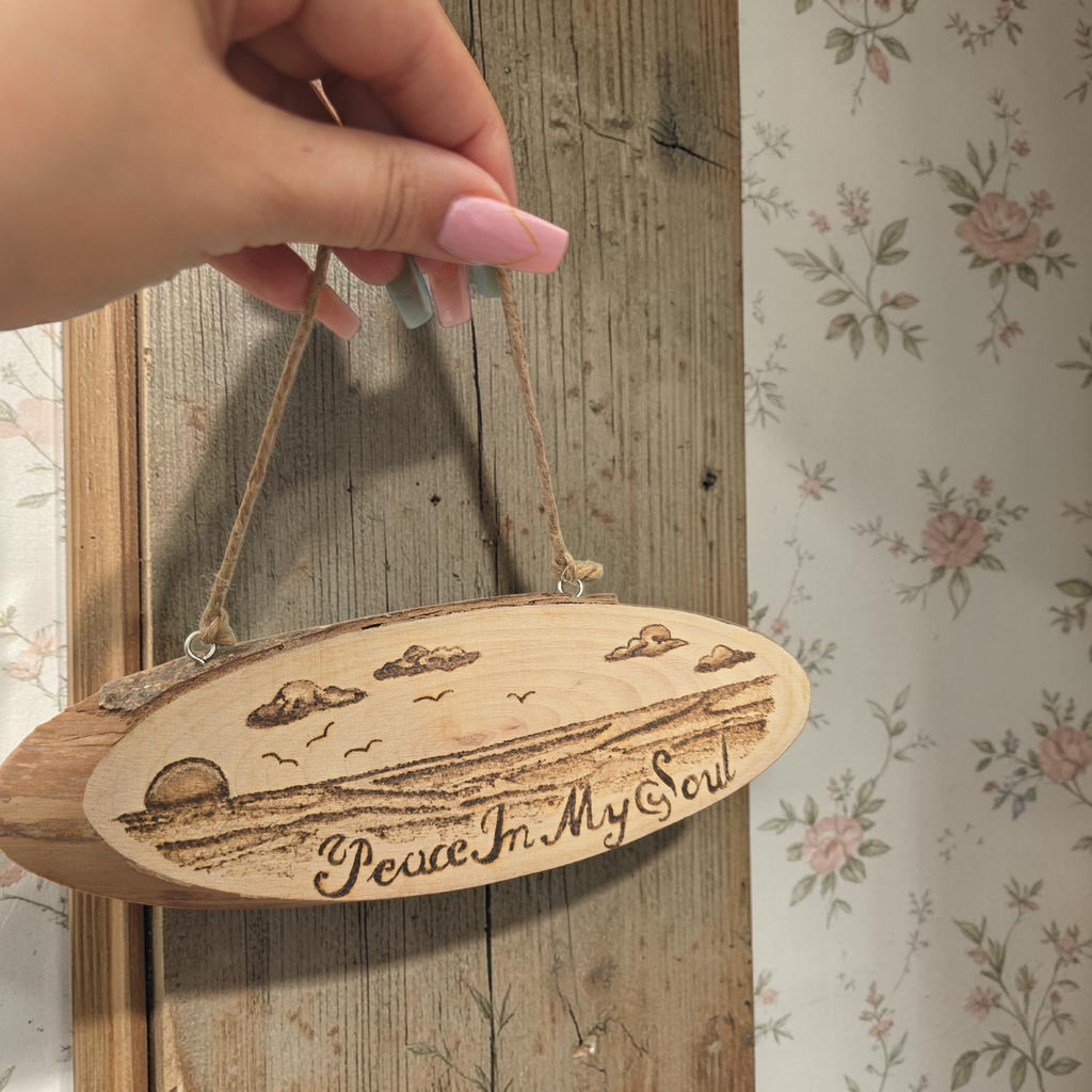 Hand-Burned Coastal Wood Plaque | Peace in My Soul | Rustic Beach Wall Art