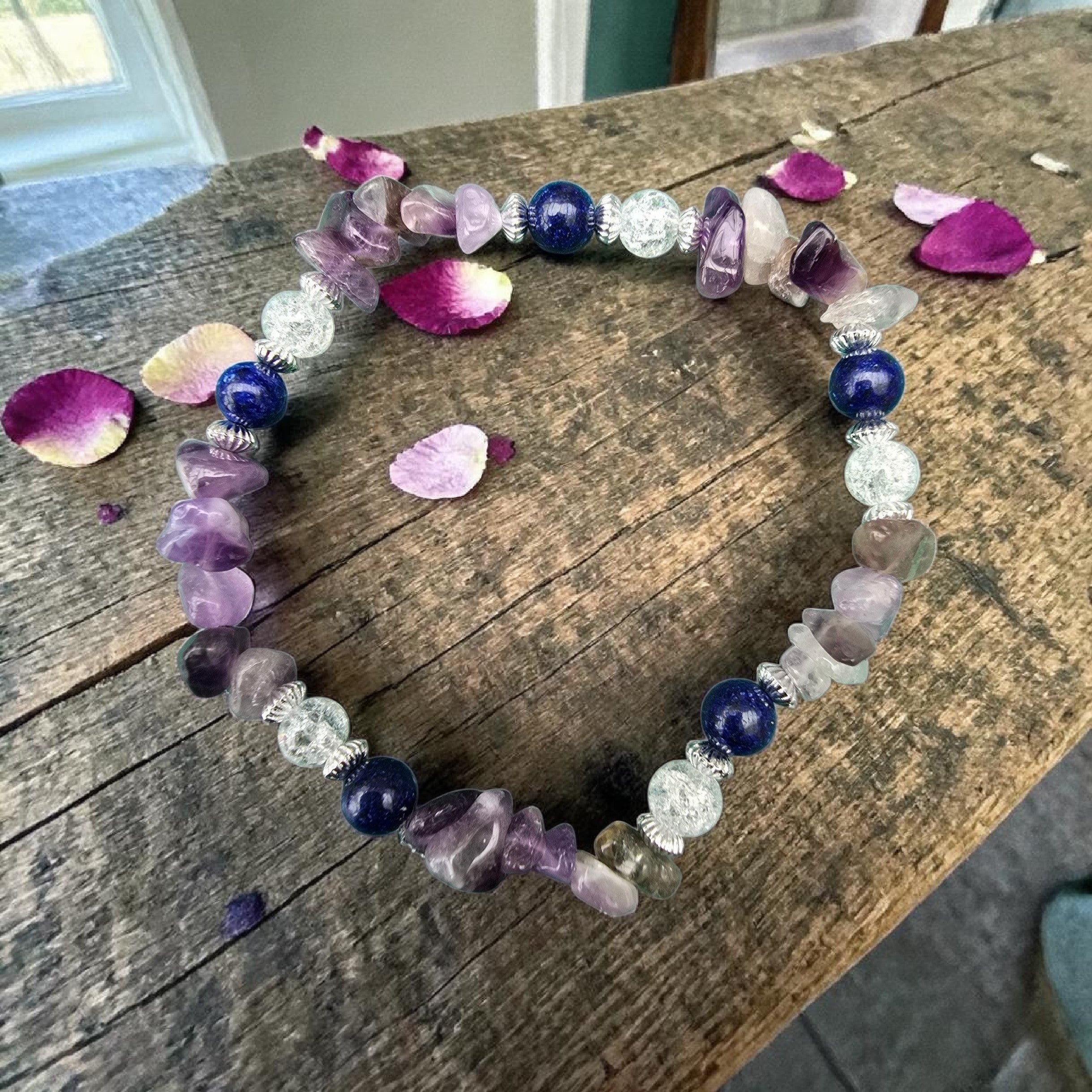 Amethyst, Lapis & Flower Quartz Bracelet | Calm • Clarity • Protection
