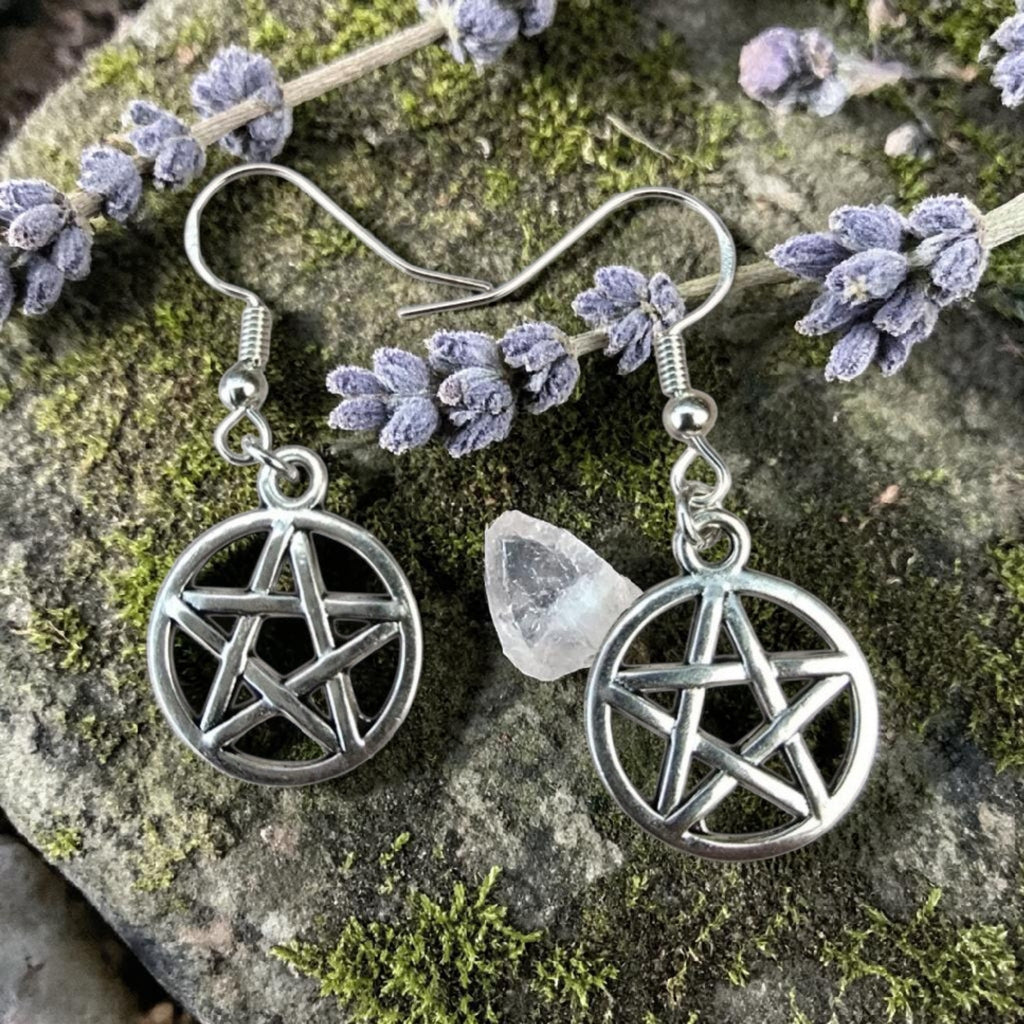Pentagram Earrings - Wiccan Jewellery - Witchy Earrings - Pagan Jewellery - Sterling Silver Hooks - Spiritual Gift - Gothic Earrings
