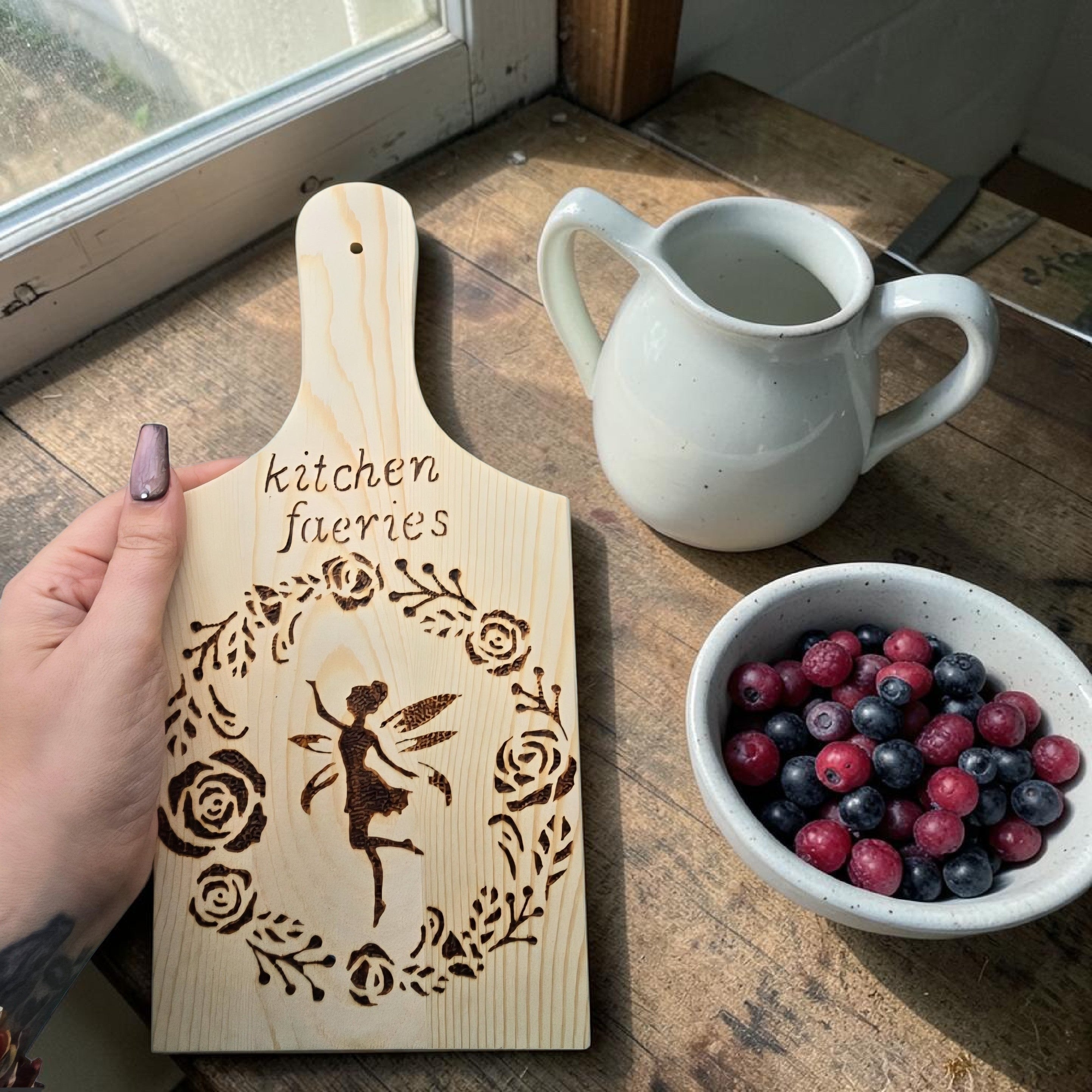 Kitchen Faeries Wooden Chopping Board - Handmade Pyrography Decor - Fairy Kitchen Gift - Rustic Cottagecore Kitchen Sign