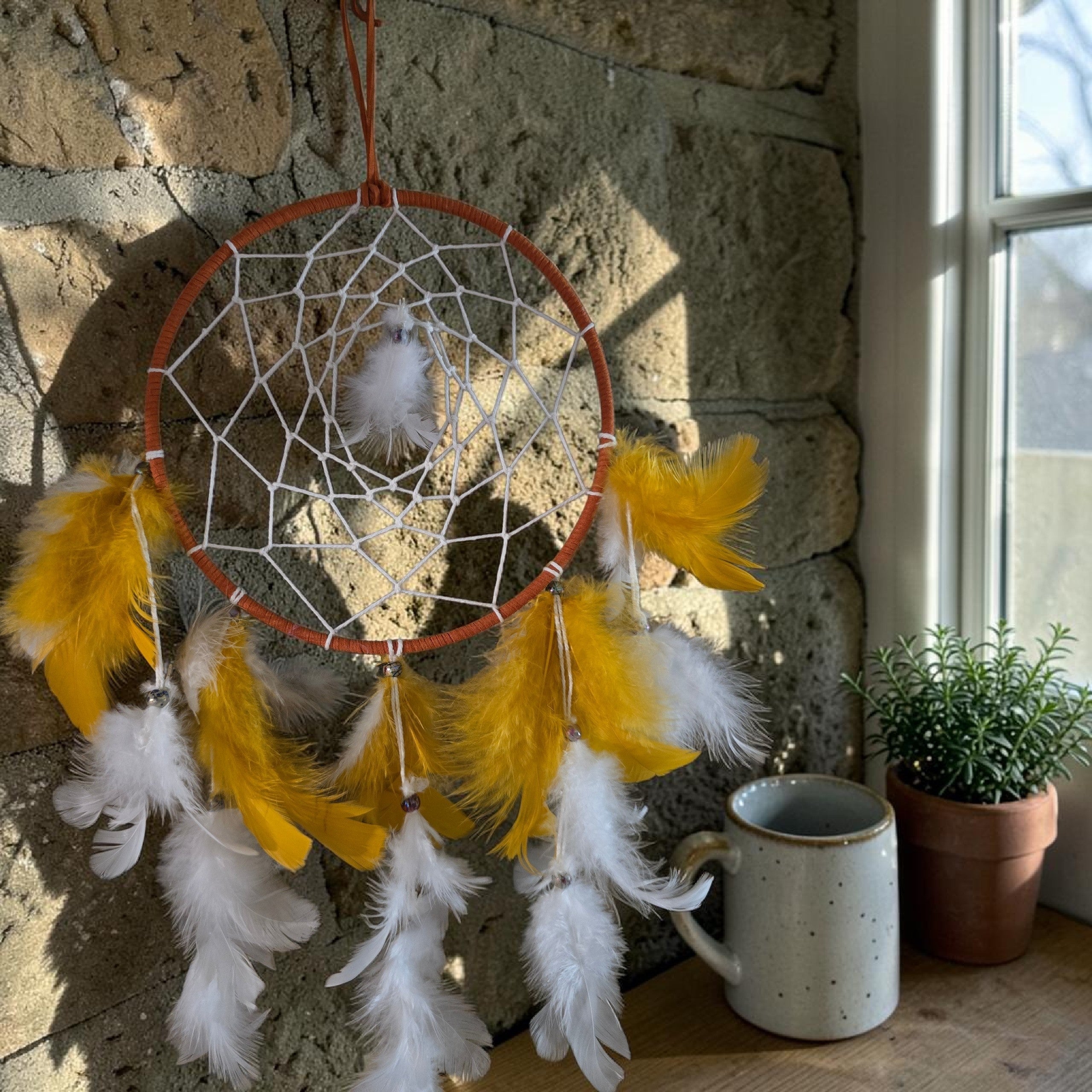 Orange & White Feather Dream Catcher - Boho Wall Hanging
