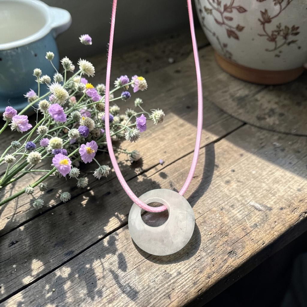 Rose Quartz Circle Necklace | Minimalist Crystal Pendant • Self Love Gift
