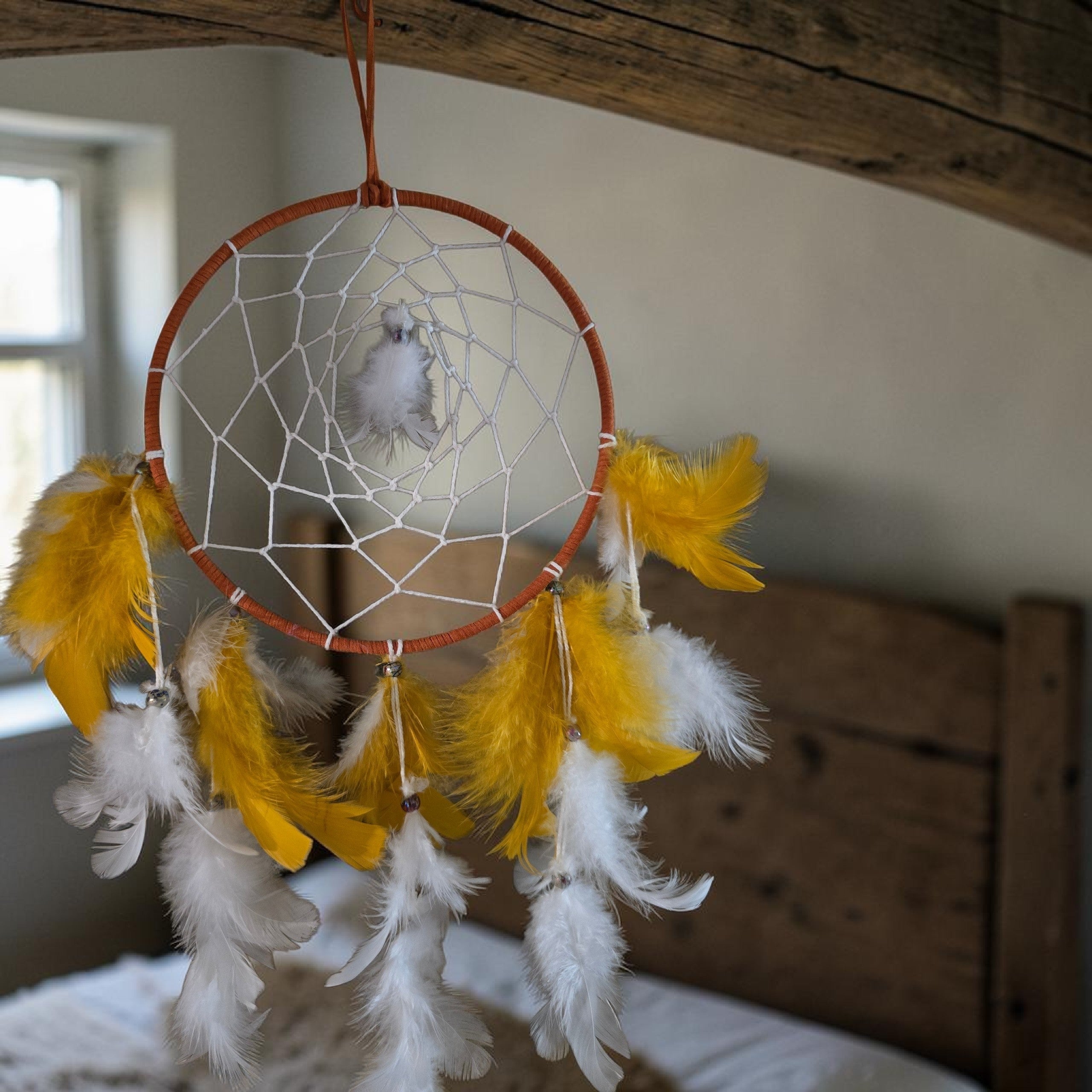 Orange & White Feather Dream Catcher - Boho Wall Hanging