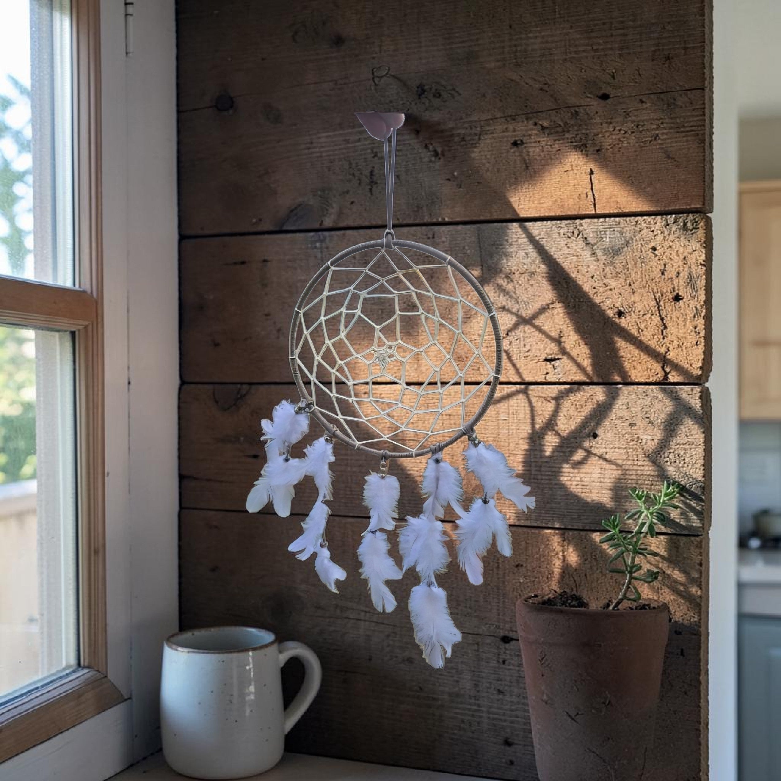 Coastal Dreamcatcher - Beach Boho Decor - Driftwood Inspired Dream Catcher - White Feather Wall Hanging - Cornish Coastal Home Decor