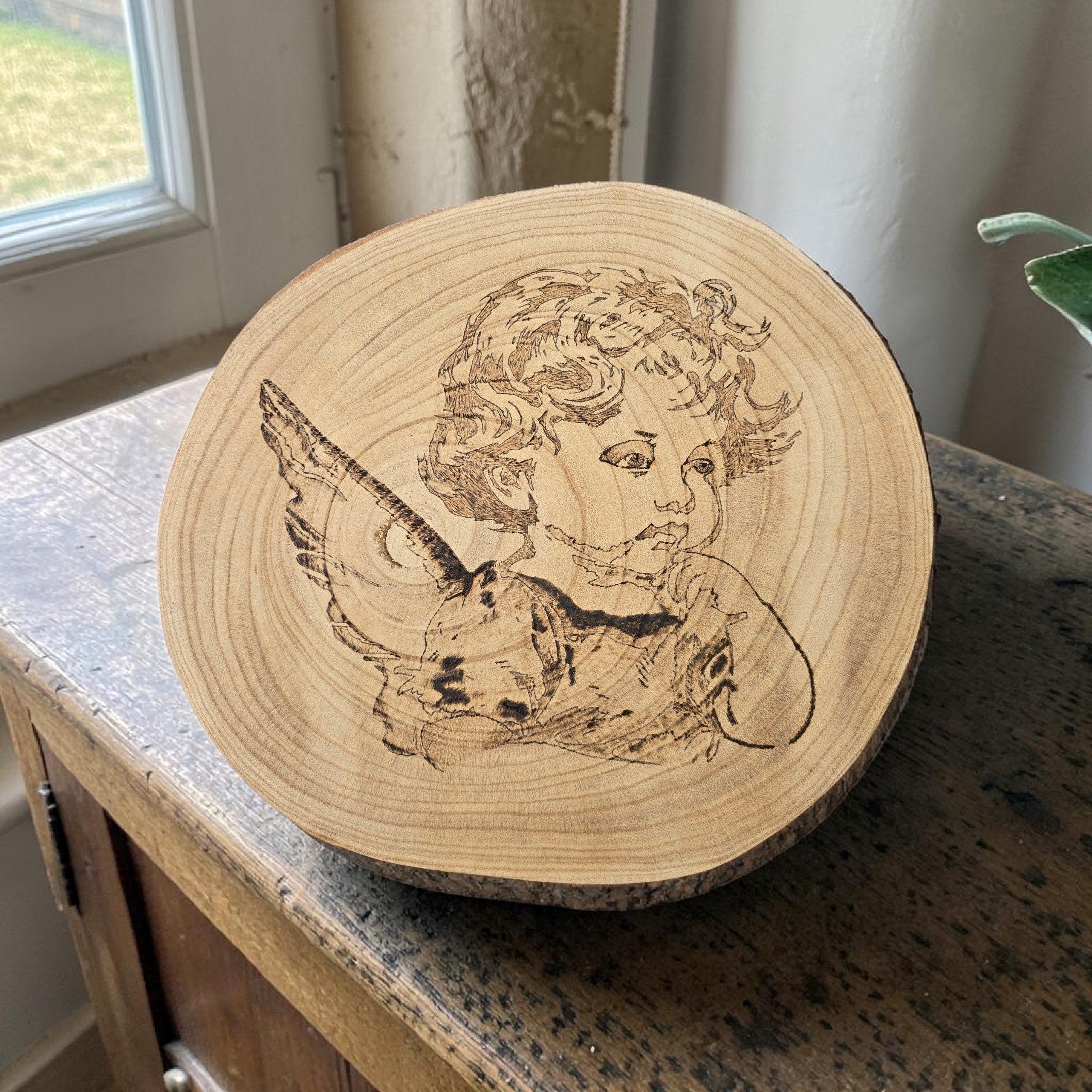 Hand-Burned Cherub Wood Slice Wall Art | Angel Pyrography | One of a Kind