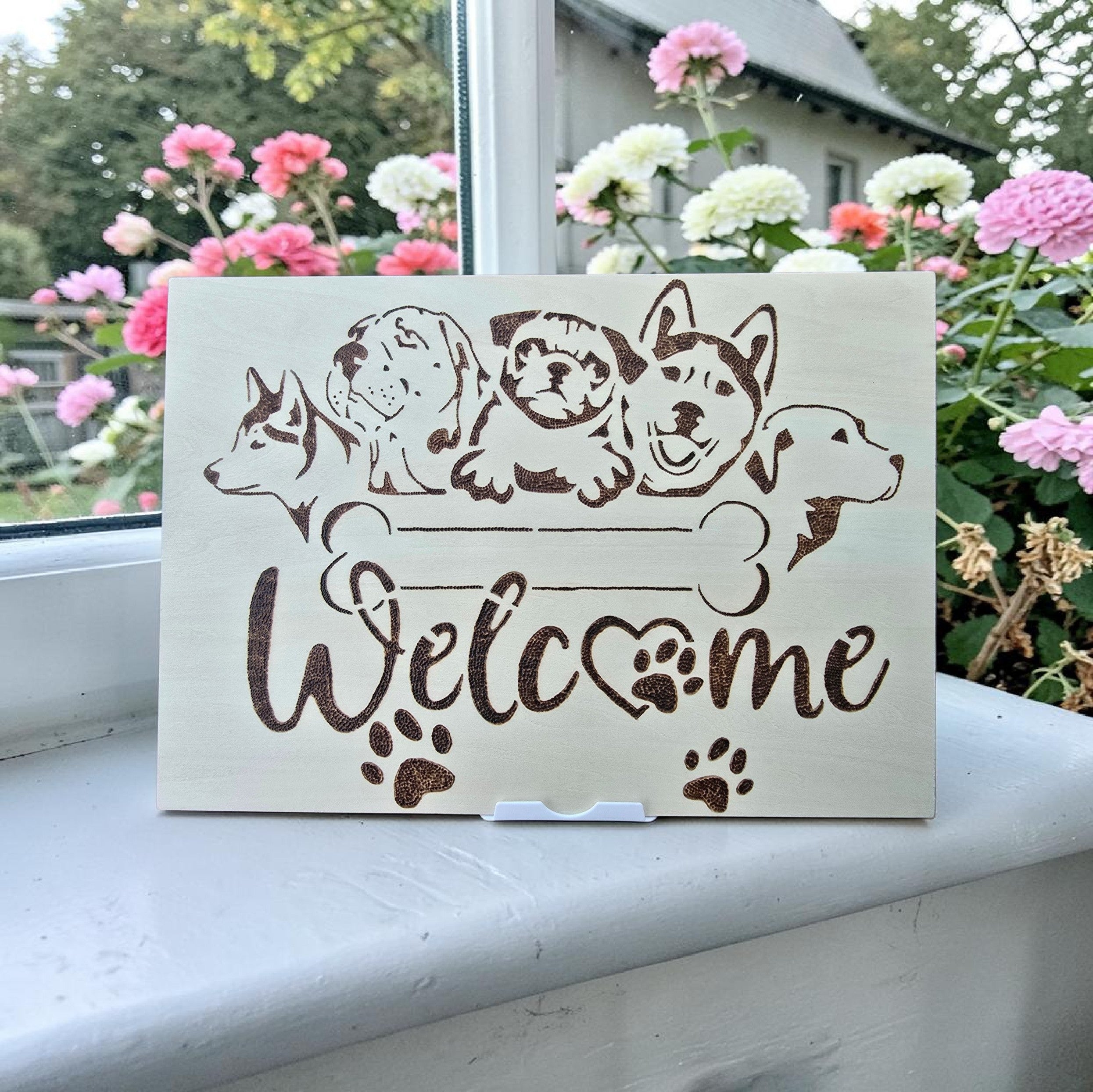 Dog Welcome Plaque – Handmade Pyrography Wooden Sign