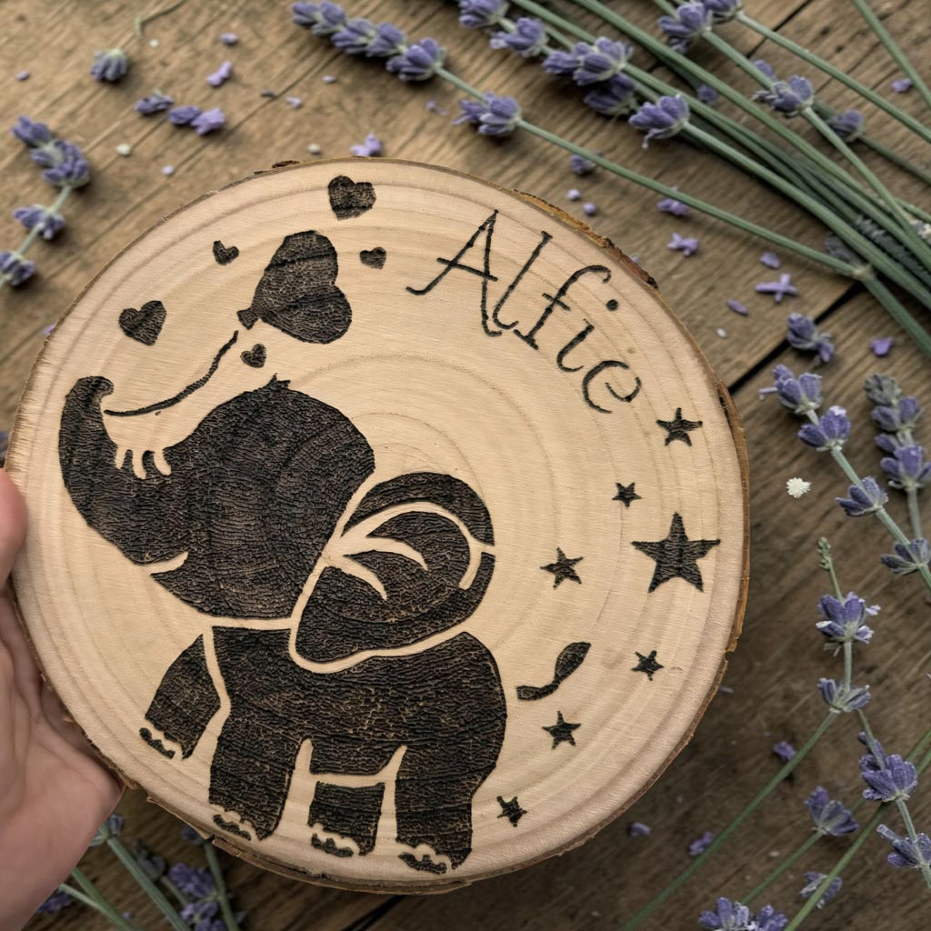 Personalised Wood Slice - Baby Gift - Handmade Pyrography Nursery Decor - Elephant Keepsake - Rustic Name Plaque