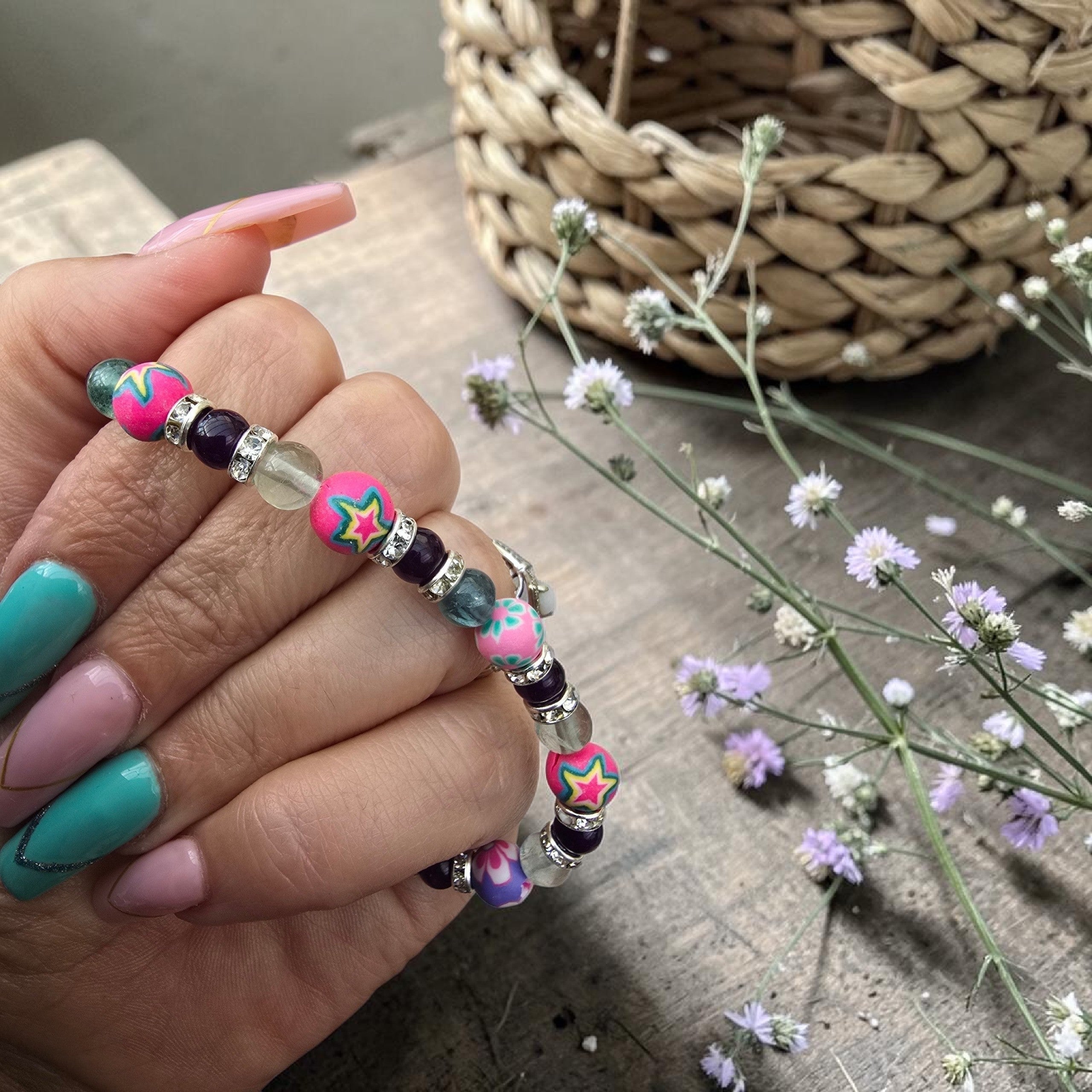 Calm & Joy Crystal Bracelet, Amethyst, Fluorite & Statement Beads