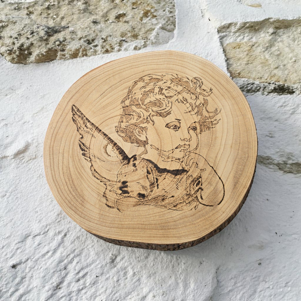Hand-Burned Cherub Wood Slice Wall Art | Angel Pyrography | One of a Kind