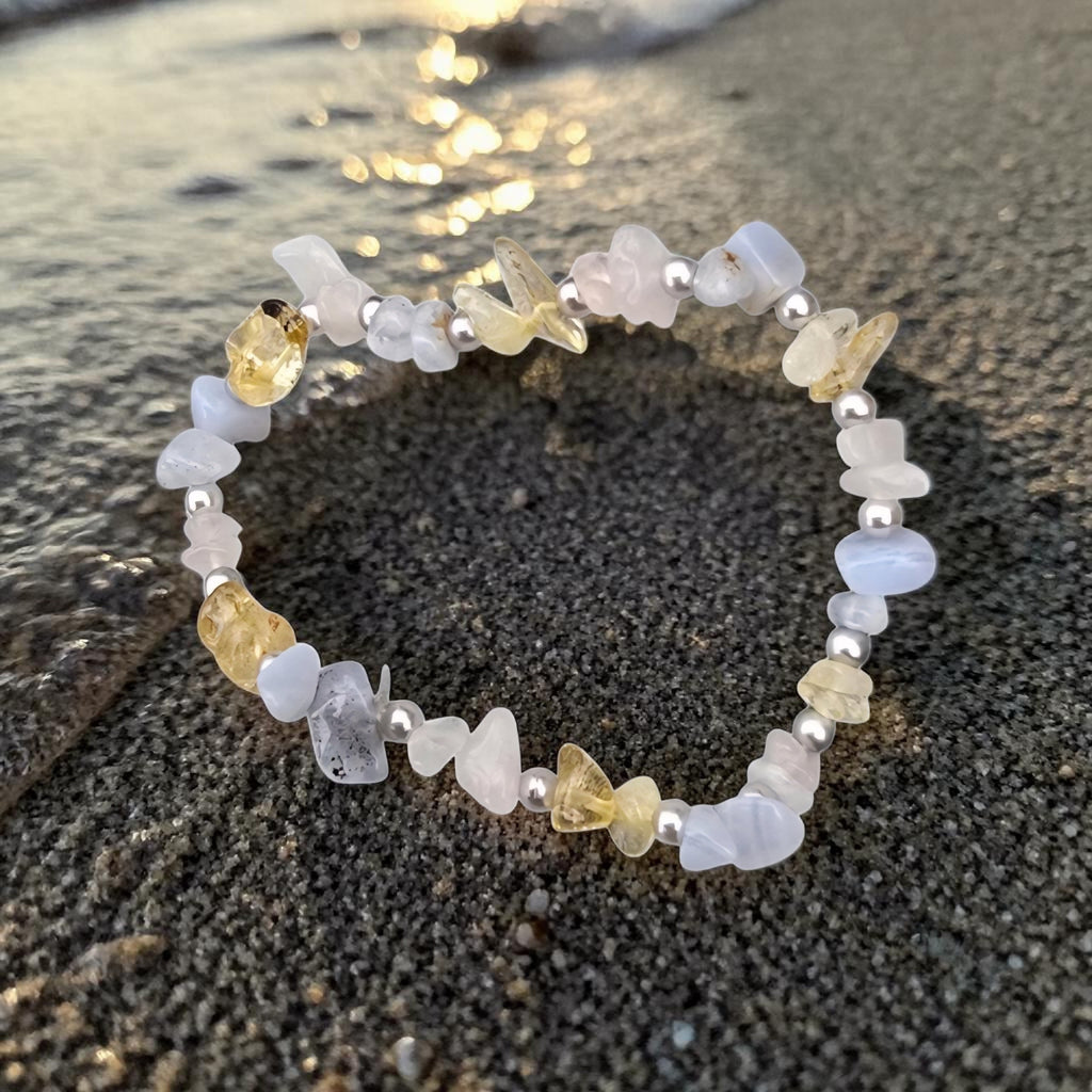 Blue Lace Agate, Rose Quartz & Citrine Bracelet - Handmade Crystal Healing Jewellery - Calm, Love & Positivity
