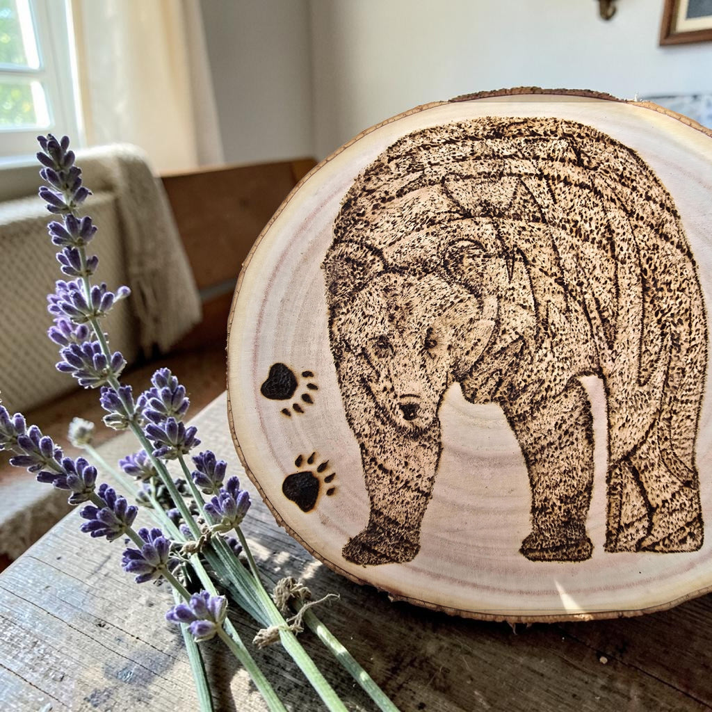 Hand Burned Bear Wood Slice Art - Pyrography Wall Decor - Rustic Wildlife Gift - Handmade Cornish Creations