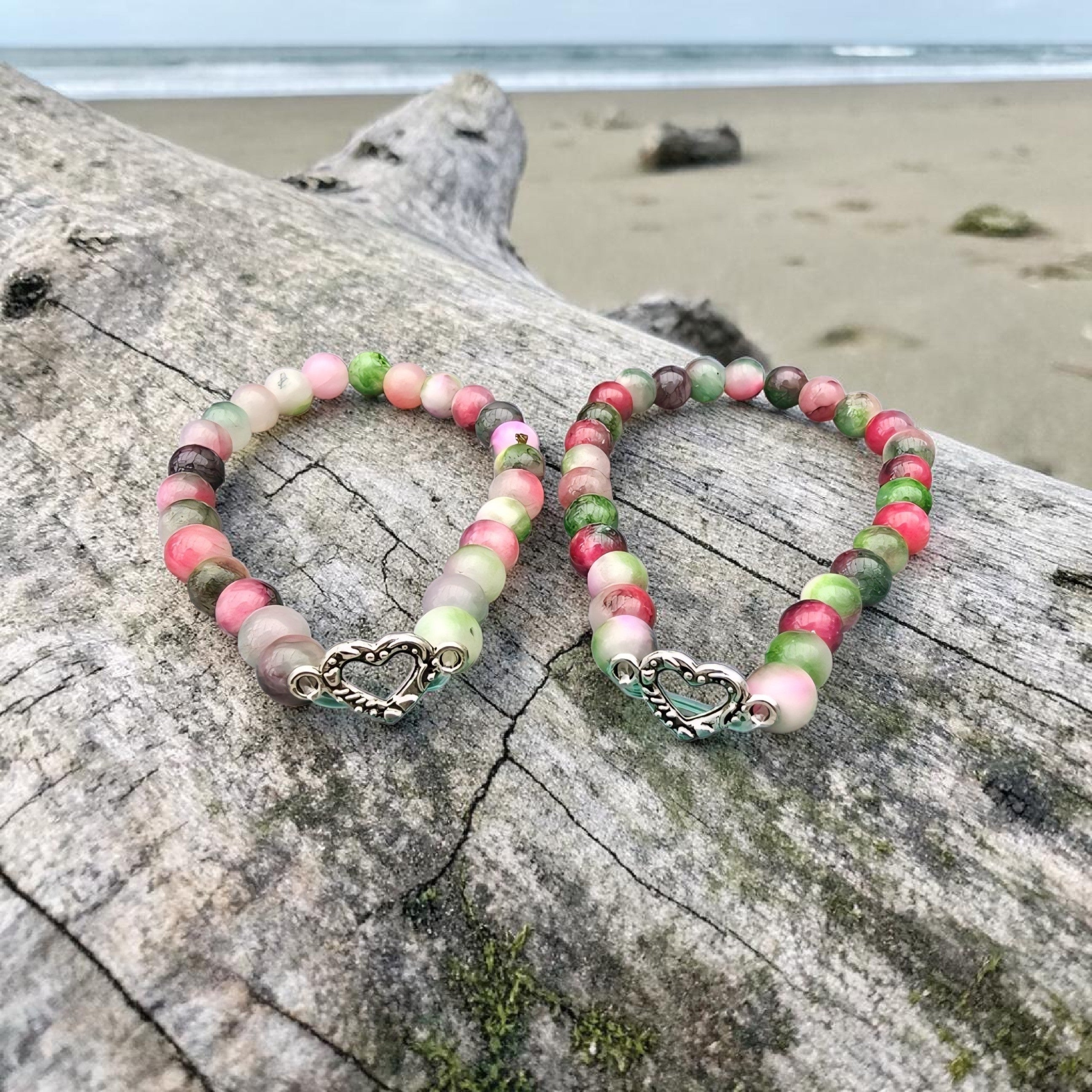 Pink & Green Jade Heart Bracelet - Love & Balance Crystal Jewellery - Friendship Bracelet Gift - Handmade Gemstone Bracelet