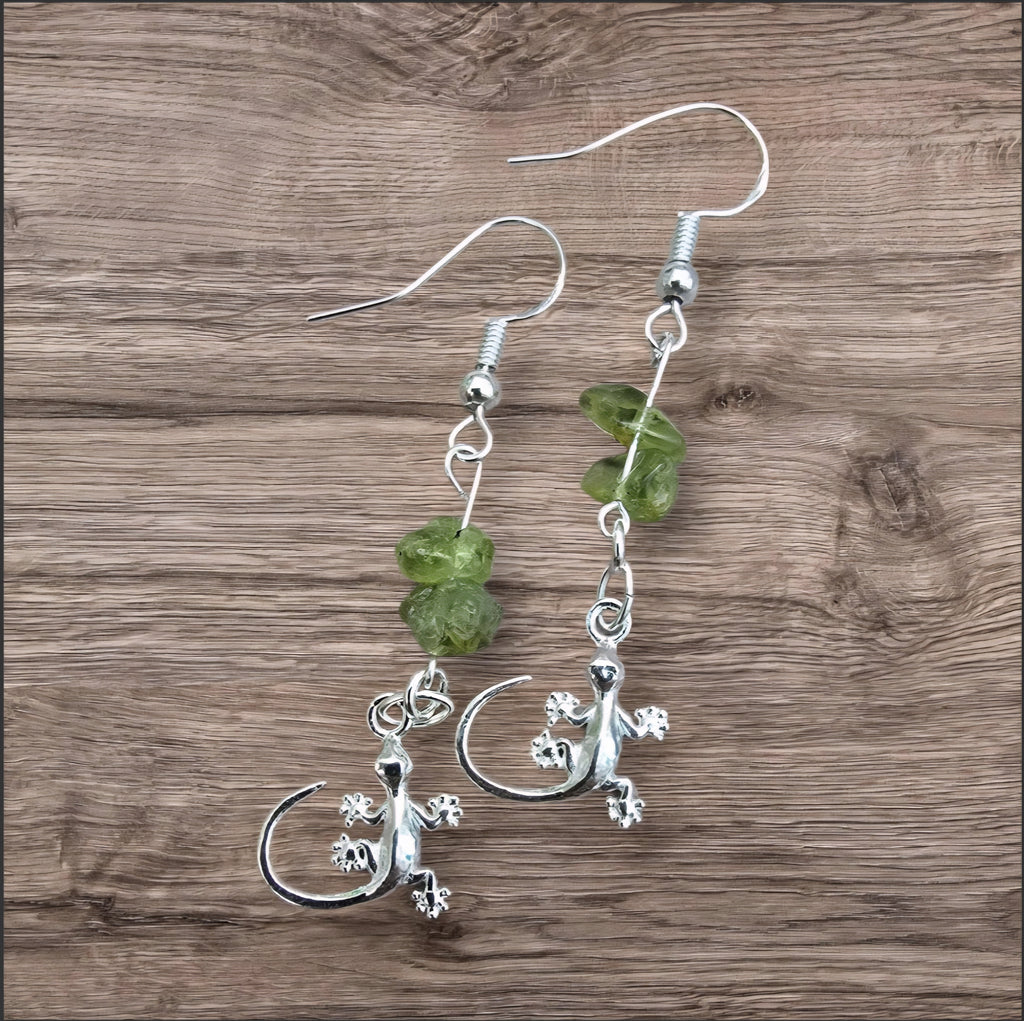 Peridot Gecko Earrings - Green Crystal Earrings - Lizard Jewellery - Nature Inspired Earrings - Boho Crystal Jewellery - Gift for Her - Cornish Creations