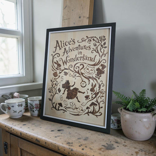 Alice in Wonderland Pyrography Wall Art | Hand-Burned Wooden Plaque | Framed Storybook Decor