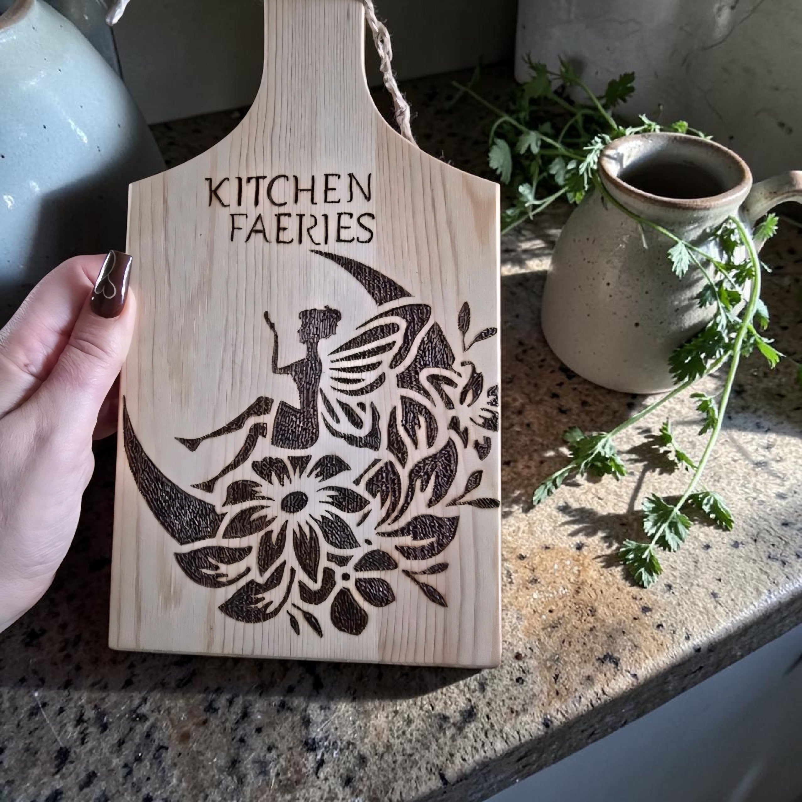 Kitchen Faeries Wooden Chopping Board - Handmade Pyrography Decor - Fairy Kitchen Gift - Rustic Cottagecore Kitchen Sign