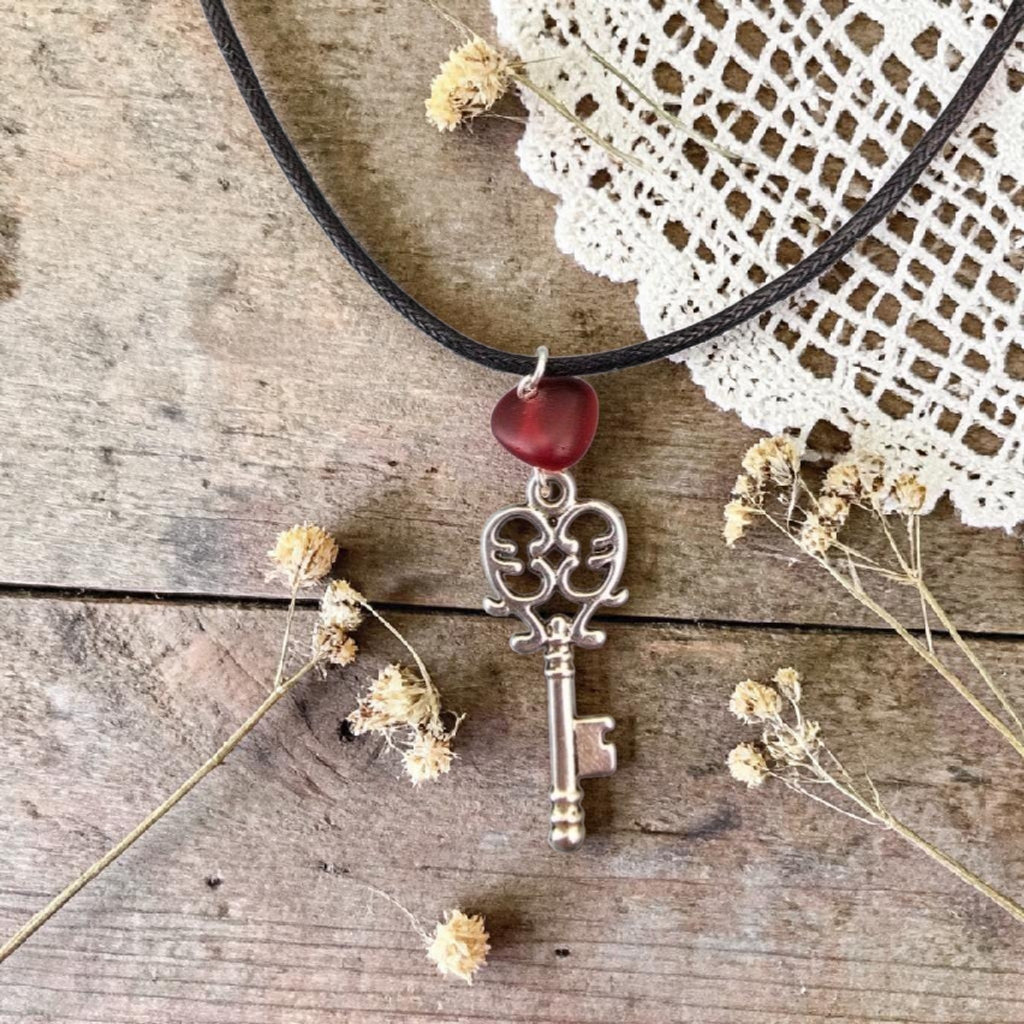 Sea Glass Key Necklace- Red Sea Glass Charm, Coastal Jewellery