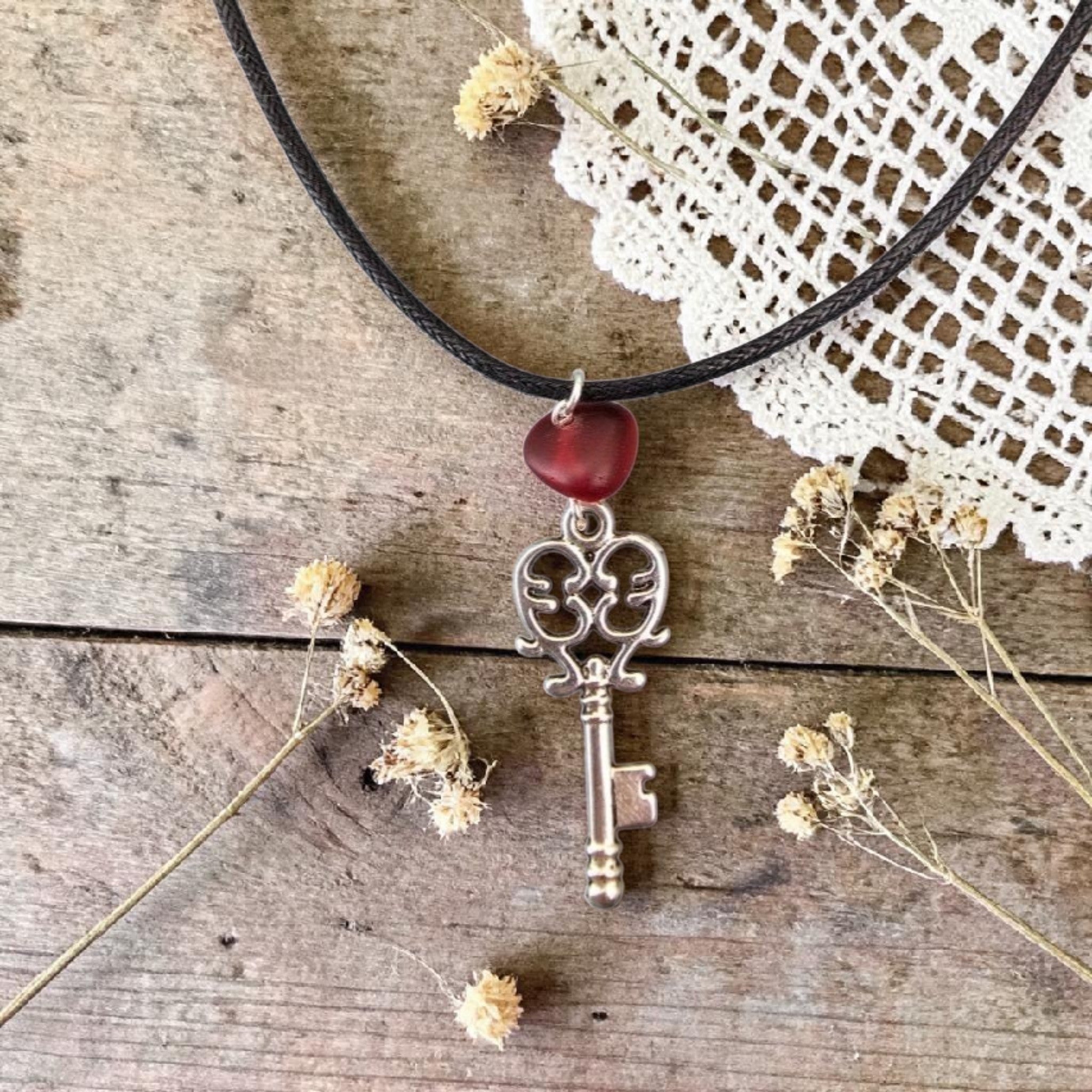 Sea Glass Key Necklace- Red Sea Glass Charm, Coastal Jewellery