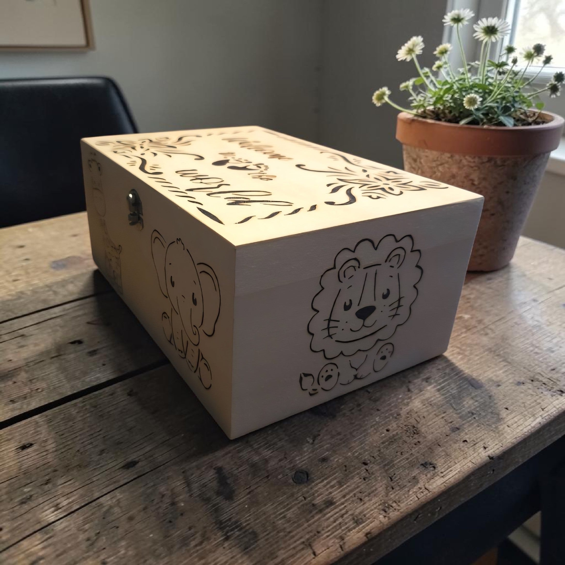 Personalised Baby Keepsake Box - New Baby Memory Box - Handmade Wooden Gift - Safari Animal Nursery Gift