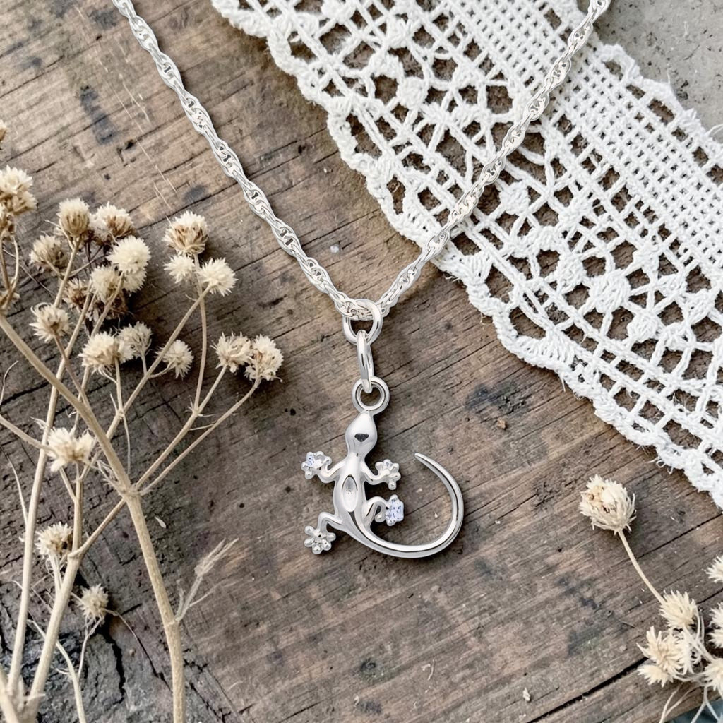 Sterling Silver Gecko Necklace - Cute Lizard Pendant Jewellery