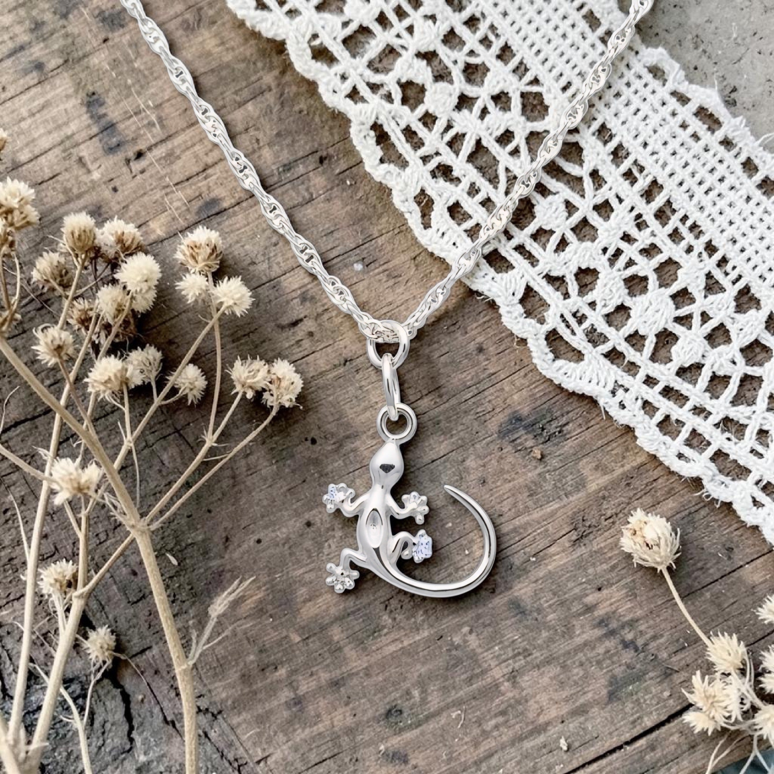 Sterling Silver Gecko Necklace - Cute Lizard Pendant Jewellery