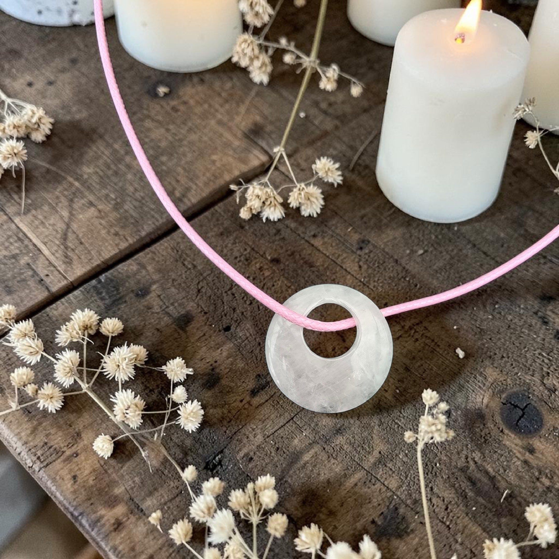 Rose Quartz Circle Necklace | Minimalist Crystal Pendant • Self Love Gift
