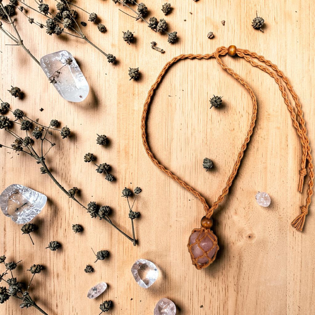 Rose Quartz Crystal in Macramé Pouch — Wearable or Hanging Charm