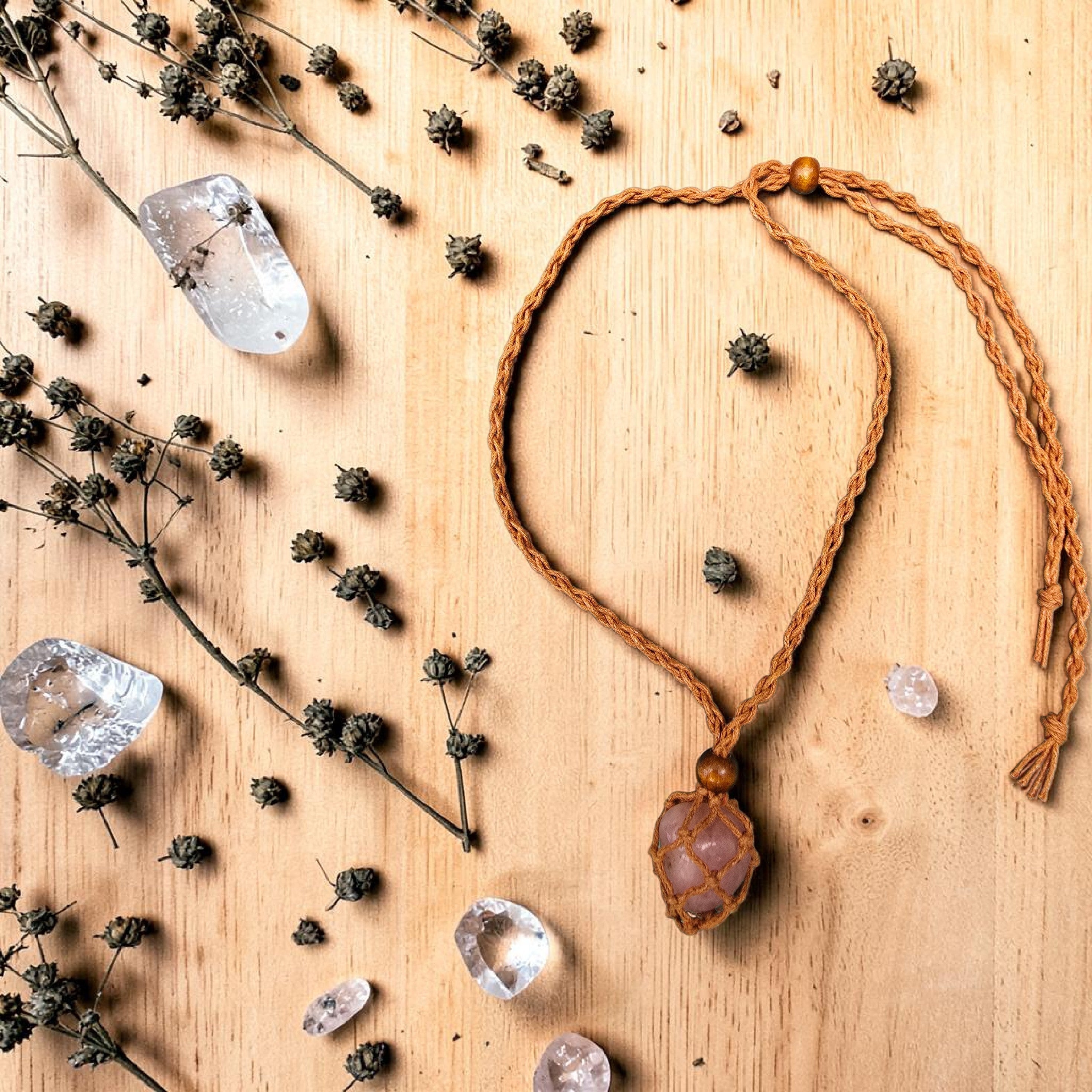 Rose Quartz Crystal in Macramé Pouch — Wearable or Hanging Charm