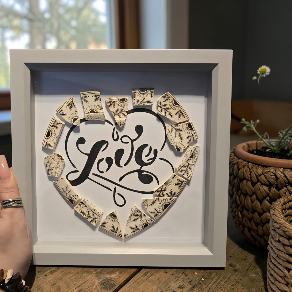 Love Framed Art - Handmade Broken China Mosaic Frame - Romantic Gift - Unique Keepsake Wall Art
